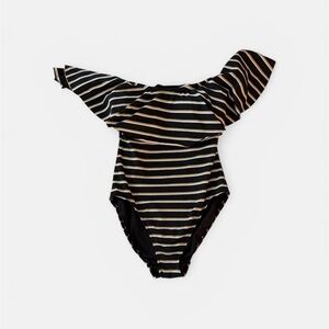 Polo by Ralph Lauren Black and White Striped Off-Shoulder One-Piece Swimsuit